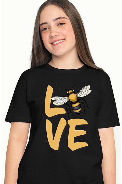 StoryGift Romania Tricou Femei cu albina cu mesajul "Love", stelute, ilustratie, iubire, dragoste, BLK_S