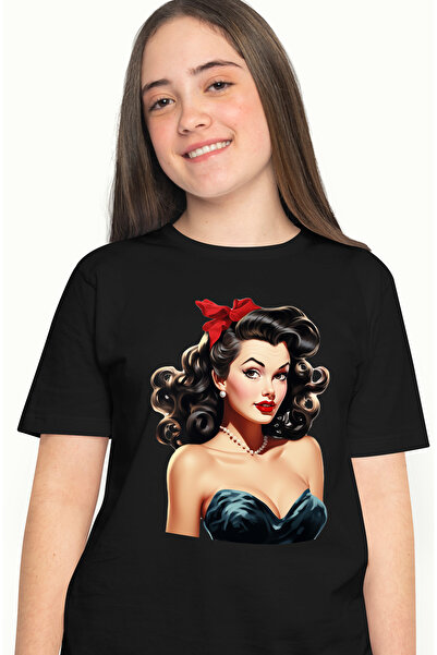 StoryGift Romania Tricou Femei cu o femeie frumoasa bruneta, ilustratie, stil retro, vechi, de mod BLK_M