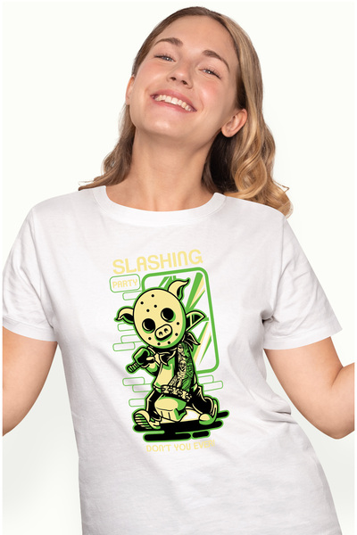 StoryGift Romania Tricou Femei Cu Om Costumat Masca DE Porc Si Bata In Mana, Grafica Stil Benzi De WHT_XS