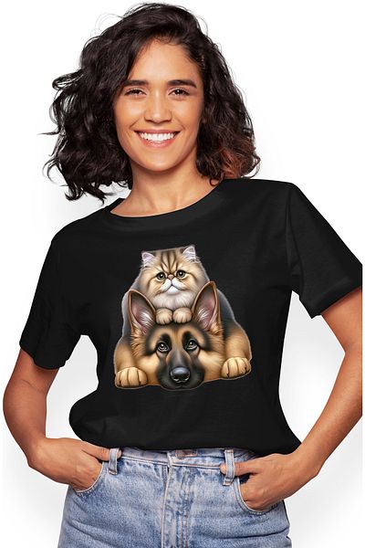 StoryGift Romania Tricou Femei cu o pisicuta si un catelus, ilustratie, prietenie, intelegere, juc BLK_L