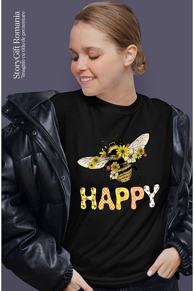 StoryGift Romania Tricou Femei Cu Mesajul "happy", Ilustratie, Motivational, Fericire, Bucurie, Al Blk_l