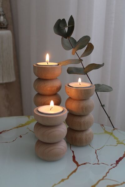 WoodyDesign Dekoratif Ahşap Bubble 3’lü Mumluk - Şamdan Doğal Gürgen Ağacı - Boyasız