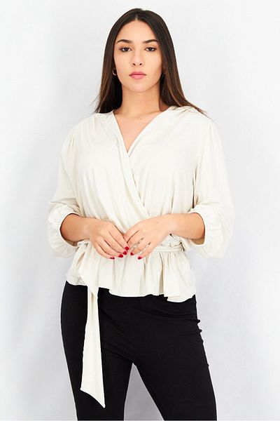 Ralph Lauren Women Surplice Neck Balloon Sleeve Plain Top, Cream