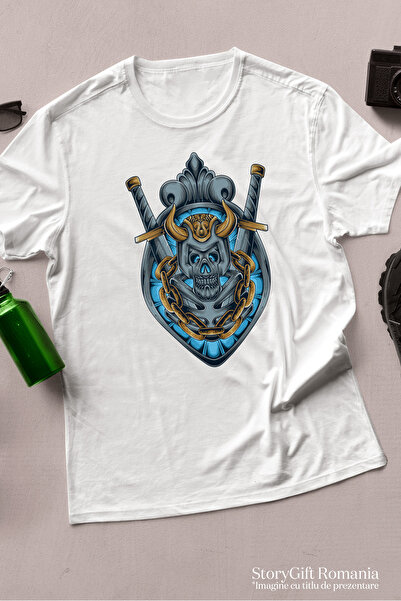 StoryGift Romania Tricou Femei Cu Craniu, Coif, Sabie, Lant, Schelet, Emblema, Fantasy, Multicolor Wht_m
