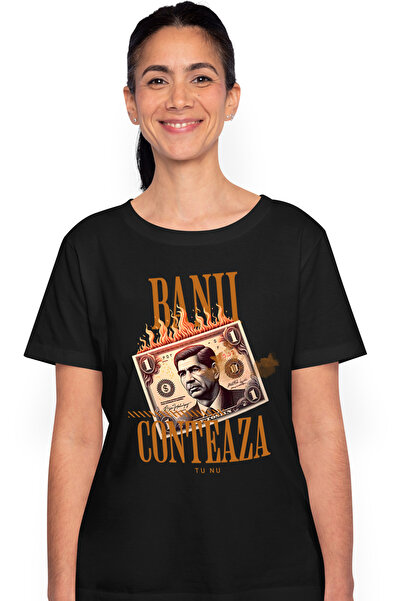 StoryGift Romania Tricou Femei banii conteaza tu nu, bancnota dolar in flacari cu imprimeu pe Fata BLK_S