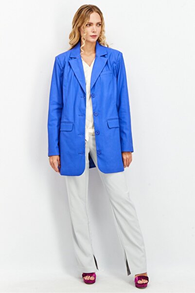 NA-KD Women Regular Fit Leather Solid Blazer, Blue