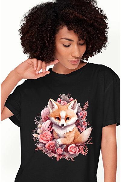 StoryGift Romania Tricou Femei cu o vulpe inconjurata cu flori, ilustratie, p...
