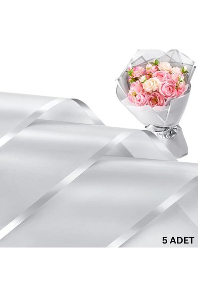 roco paper Silver Floral Wrapping Paper with Silver Edge Pack of 5, Waterproof Matte Transparent Bouquet Wrapping Paper, 58X58 cm