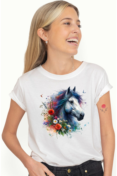 StoryGift Romania Tricou Femei cu un cal, ilustratie, flori, plante, abstract...