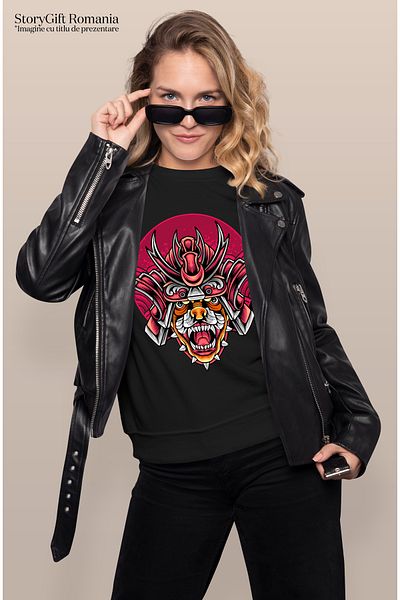 StoryGift Romania Women's T-Shirt With Tiger, Collar, Helmet, Samurai, Fighter, Asian, Multicolor with BLK_L