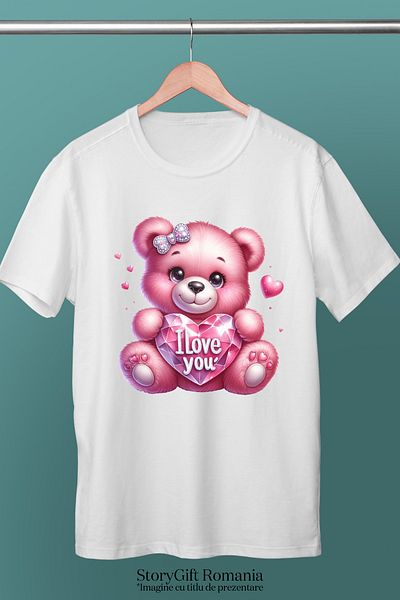 StoryGift Romania Tricou Femei cu o ursoaica de plus care tine o inima din diamant cu mesajul "I l WHT_XS