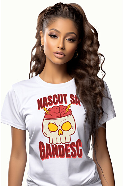 StoryGift Romania Tricou Femei Nascut sa gandesc craniu cu creier geniu cu im...