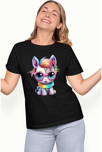 StoryGift Romania Tricou Femei cu un unicorn, ilustratie, ochelari, zambeste,...