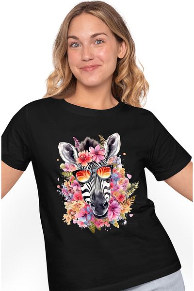 StoryGift Romania Women's T-shirt with a zebra with sunglasses, illustration, poppies, abstract, in BLK_XL