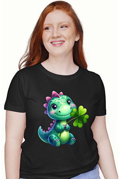 StoryGift Romania Tricou Femei cu un pui de dinozaur, verde, trifoi cu patru ...