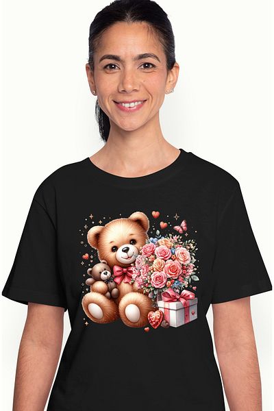 StoryGift Romania Tricou Femei cu 2 ursuleti de plus, ilustratie, buchet cu trandafiri, flori, flu BLK_XL