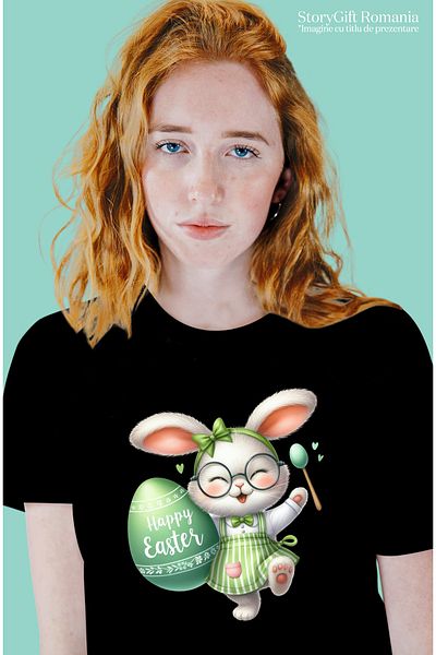 StoryGift Romania Tricou Femei Cu O Iepuroaica In Rochita, Ilustratie, Funda, Verde, Paste Fericit Blk_s