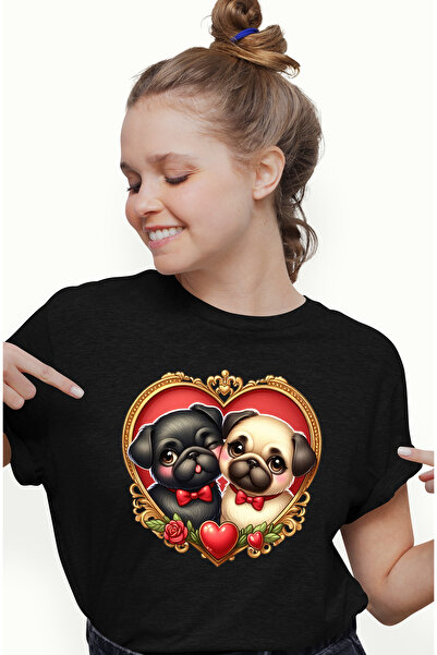 StoryGift Romania Tricou Femei cu o catelusa si un catel, ilustratie, Pug, ca...