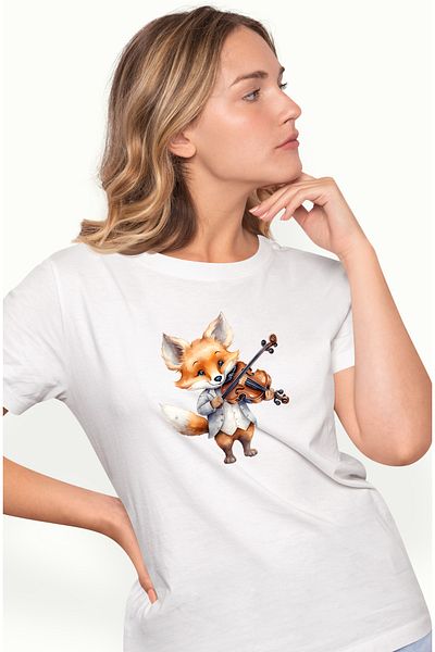 StoryGift Romania Tricou Femei cu un vulpoi care canta la vioara, ilustratie, animal salbatic, mel WHT_XS