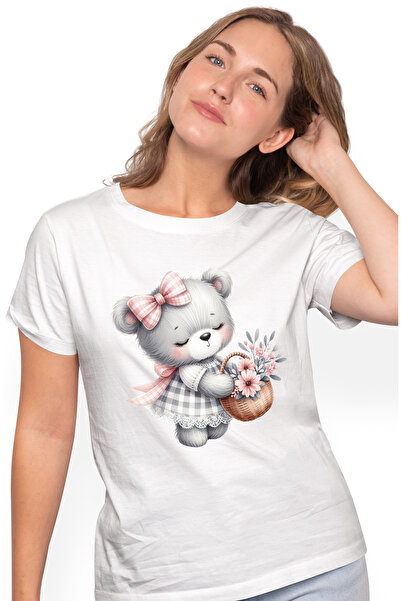 StoryGift Romania Tricou Femei cu o ursoaica imbujorata, ilustratie, tine un cosulet cu floricele, WHT_M