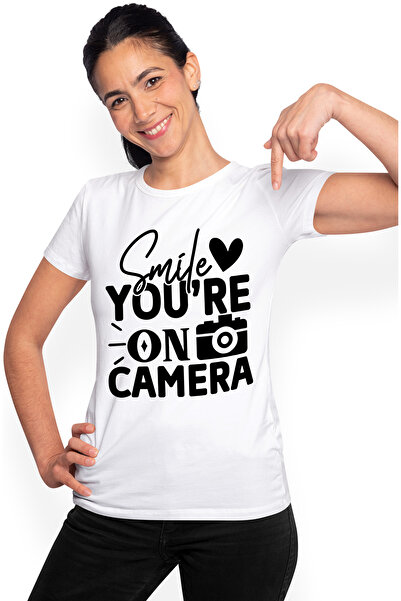 StoryGift Romania Tricou Femei cu mesajul in engleza "Smile, you're on camera" - zambeste la camer WHT_L