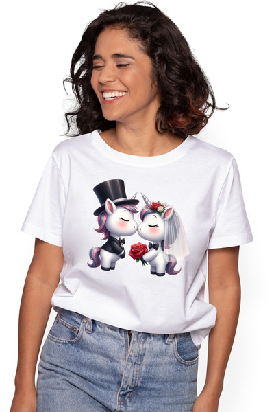StoryGift Romania Tricou Femei cu 2 unicorni la nunta, flori, fericire, trand...