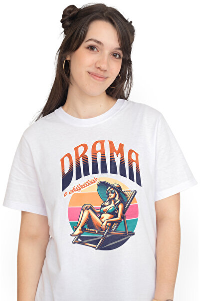 StoryGift Romania Tricou Femei Fata pe sezlong la plaja Text Haios Drama E Obligatorie cu imprimeu WHT_XS