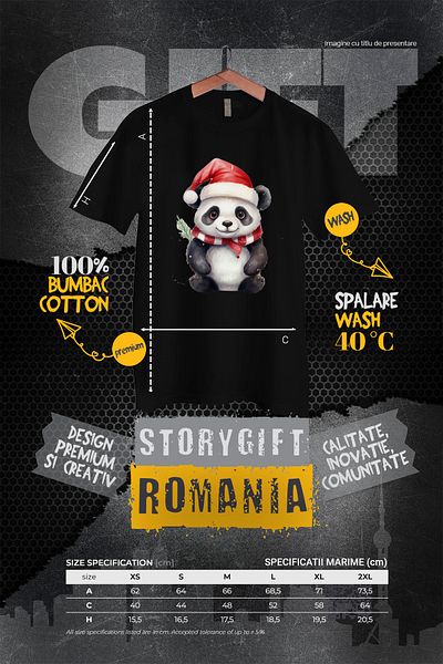 StoryGift Romania Tricou Femei cu un urs Panda vesel, caciula de Craciun, ilustratie, fular, frig, BLK_XL