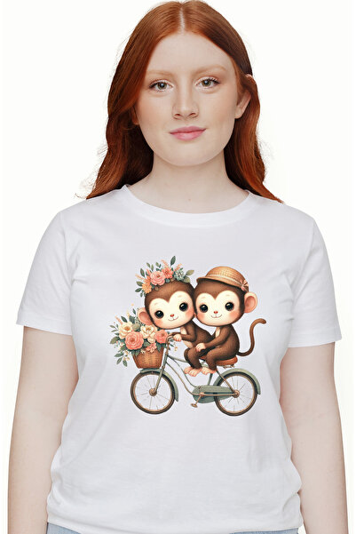 StoryGift Romania Tricou Femei cu 2 maimute care se plimba cu bicicleta, ilustratie, cos cu flori, WHT_XL