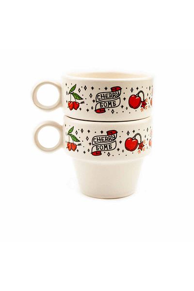 PALTO TASARIM Cherry Patterned Set of 2 Espresso Cups - Gift Ceramic Cup