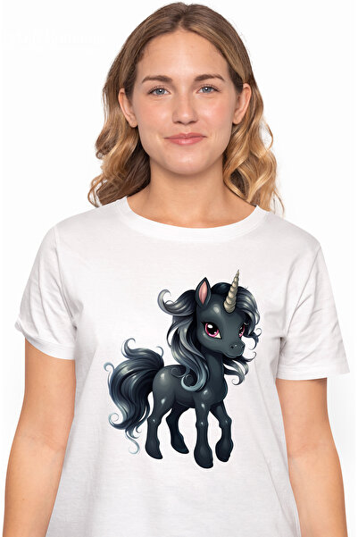 StoryGift Romania Tricou Femei cu un unicorn negru, ilustratie, serios, creat...