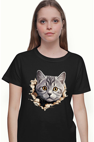 StoryGift Romania Tricou Femei cu o pisica mirata, ilustratie, se uita socata, gri, scoate capul p BLK_L