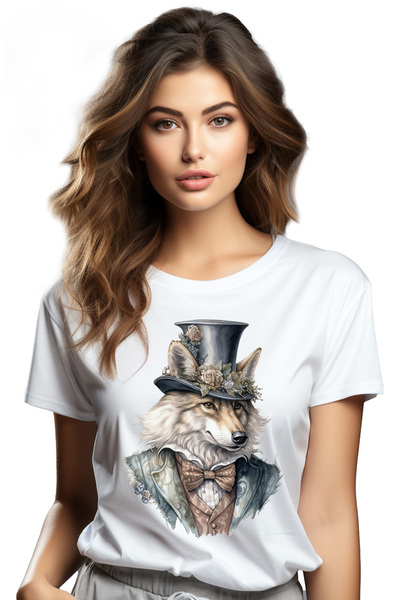 StoryGift Romania Tricou Femei cu un lup cu palarie, ilustratie, joben, haine...