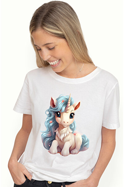 StoryGift Romania Tricou Femei cu un unicorn vesel, ilustratie, jucaus, coama lunga, floricele, pe WHT_XS