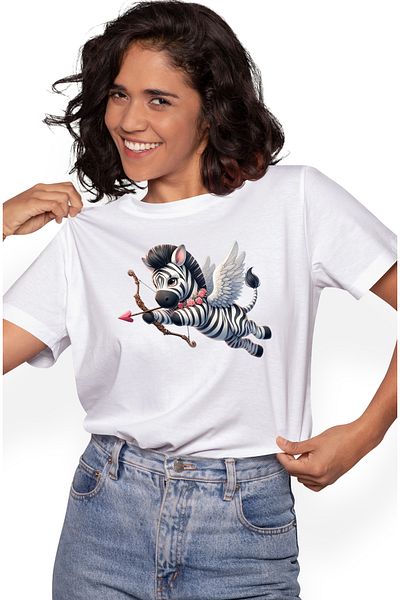 StoryGift Romania Women's T-shirt with a zebra Cupid, shooting a bow, illustration, Valentine's Day, in WHT_L