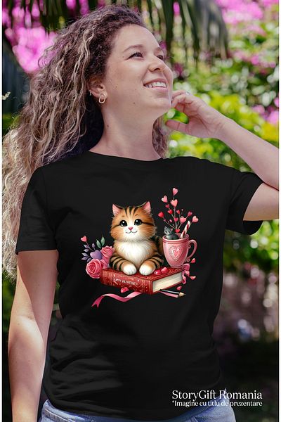 StoryGift Romania Tricou Femei cu o pisicuta vesela, ilustratie, carte, lectura, trandafiri, flori BLK_L