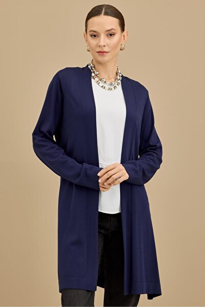 Tığ Triko Beli Kemerli Rayon Basic Hırka LACİVERT