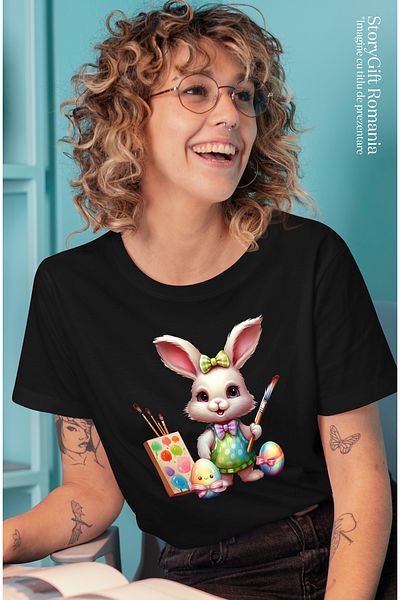 StoryGift Romania Women's T-shirt with a bunny, illustration, painting, watercolors, brushes, artwork by BLK_XS,STG8319