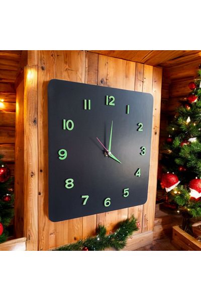 Bahat Phosphorescent 3D Relief Numeral Wooden Without Glass 30*30 cm Square Black Wall Clock