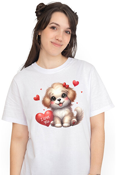 StoryGift Romania Tricou Femei cu o catelusa cu mesajul "I love you", inimioa...
