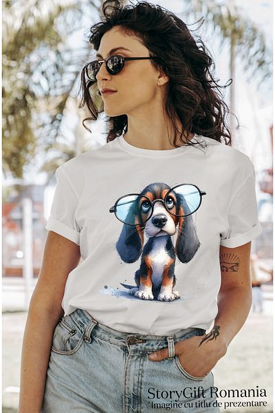 StoryGift Romania Tricou Femei cu un catel care poarta niste ochelari care nu i se potrivesc, puti WHT_S