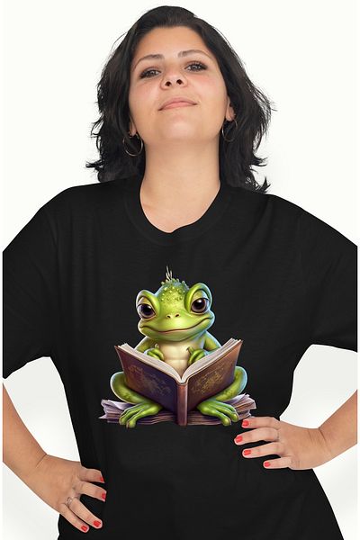 StoryGift Romania Tricou Femei cu o broasca vesela, tine o carte deschisa, lectura, imaginatie, pe BLK_XL