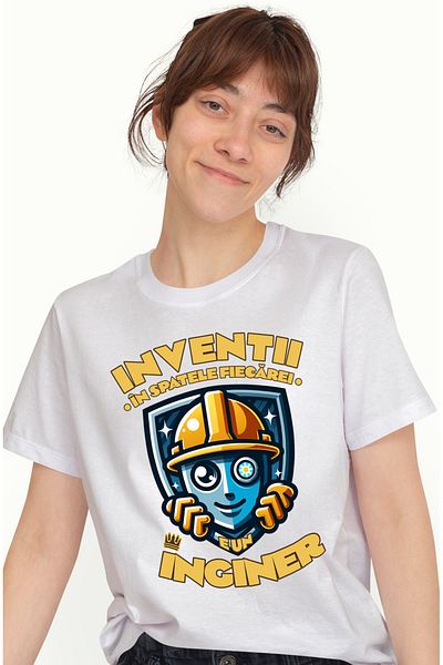 StoryGift Romania Tricou Femei Om Cu Casca DE Protectie Text in spatele fiecarei inventii, e un in WHT_S