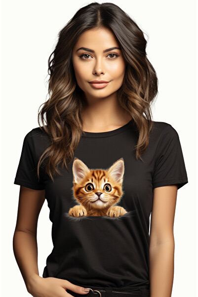 StoryGift Romania Tricou Femei cu o pisicuta surprinsa care sta agatata, ilustratie, ochi mari, pu BLK_S