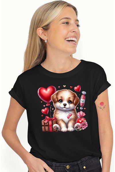 StoryGift Romania Tricou Femei cu un catelus vesel, ilustratie, cadou, ciocolata, dulciuri, flori, BLK_XL