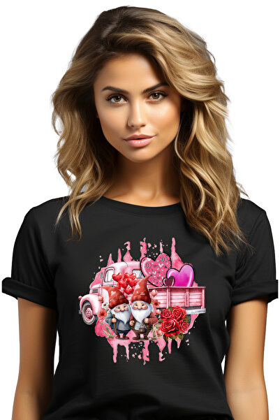 StoryGift Romania Tricou Femei cu 2 pitici si o masina, inimi colorate, trandafiri, fundal roz, Va BLK_S