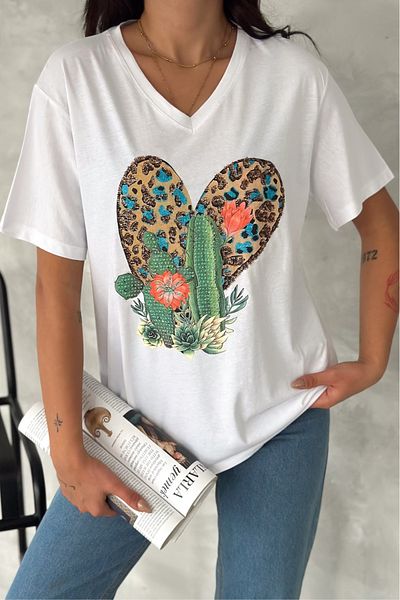 FEMELLE Women's White V-Neck Large Size Cactus Sequin Sequin Embroidered 100% Cotton Large Size T-Shirt