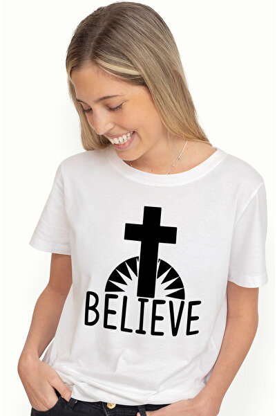 StoryGift Romania Tricou Femei cu o cruce si textul in engleza "Believe" - cr...