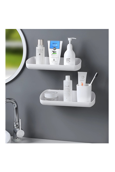 Herum Set de 2 rafturi de baie dreptunghiulare, autoadezive, din plastic, albe, 28 x 13 x 5,5 cm