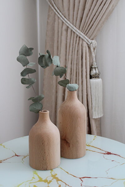 WoodyDesign Dekoratif Doğal Ahşap 2’li Vazo Boyasız Gürgen Ağacı